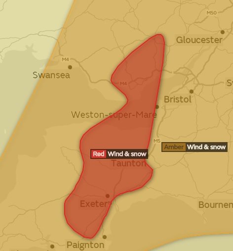 DerekTheWeather's tweet photo. A rare RED warning has been issued by @metoffice for #Cardiff and SE #Wales. Heavy snow and strong winds. 
Valid from 3pm today until Friday 2am #blizzard2018 https://t.co/aS10UcPvK5