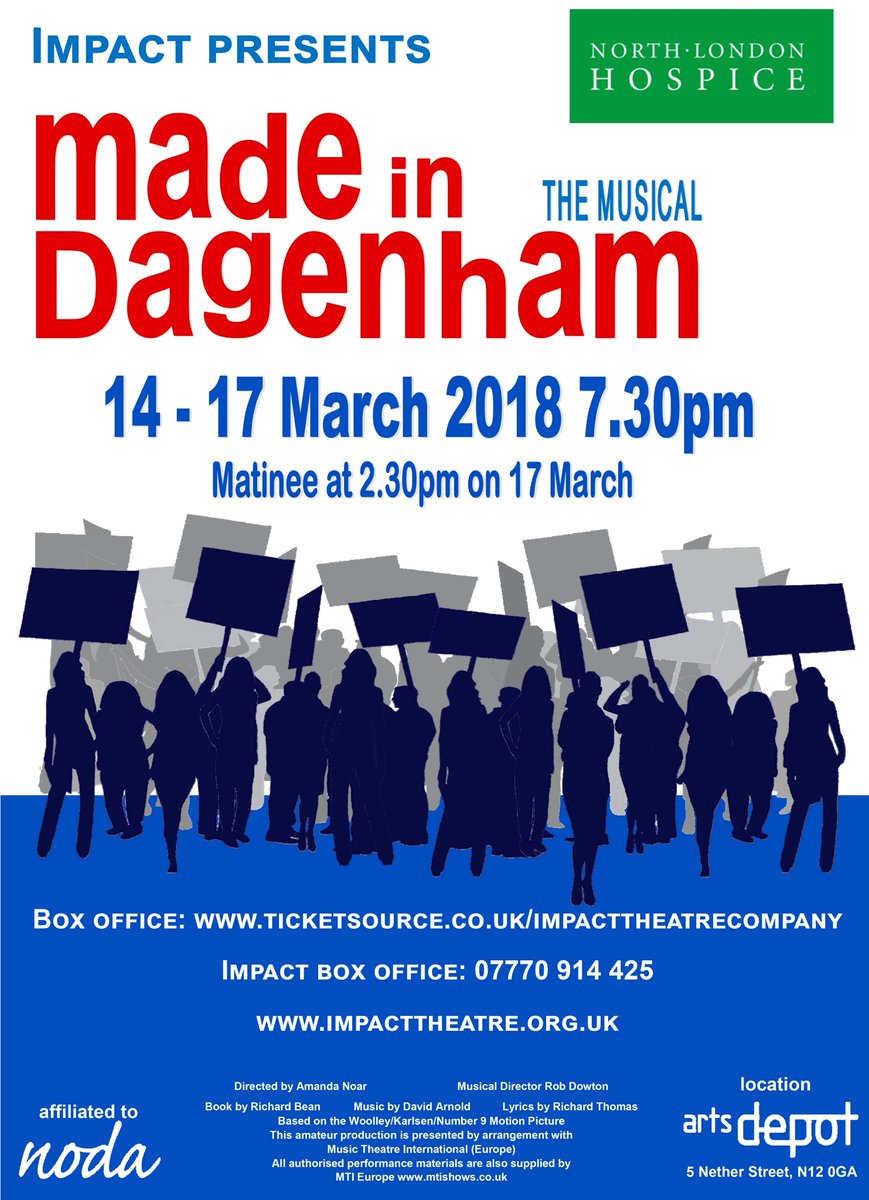 NLondonHospice's tweet photo. @impacttheatreco debuts empowering performance of @MadeinDagenham in support of North London Hospice. Have you got your ticket? 
Get yours today! #theatre #northlondon @artsdepot https://t.co/hGY6NUl3kb https://t.co/68xWaVCIJN