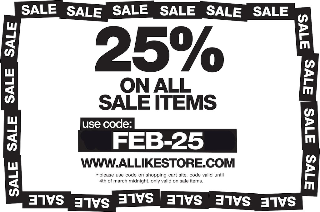 snkrhds's tweet photo. "allike - 25% on all sale items"

code: FEB-25
store: https://t.co/3SPmznkNYy

#allike #allikestore #hamburg #sneakerstore #fashionstore #conceptstore #adidas #nike #stoneisland #specialdeal #discount #rabatt #sneaker #fashion #snkrhds https://t.co/c30cGoasKI