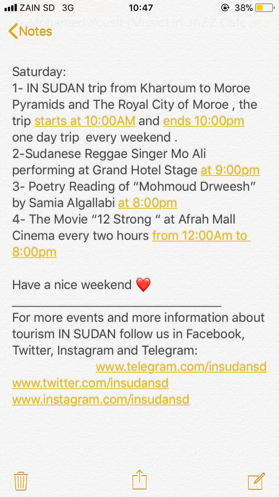 insudansd's tweet photo. Weekend in Khartoum:

There are such amazing events in Khartoum this weekend
Have a nice time ❤️

اذا كنت موجوداً في الخرطوم هناك العديد من الفعاليات التي تمكنك من قضاء أوقات ممتعة نهاية هذا الأسبوع .
نتمنى لكم قضاء أفضل الأوقات ❤️
👇🏼 https://t.co/6QIqOwzLpu