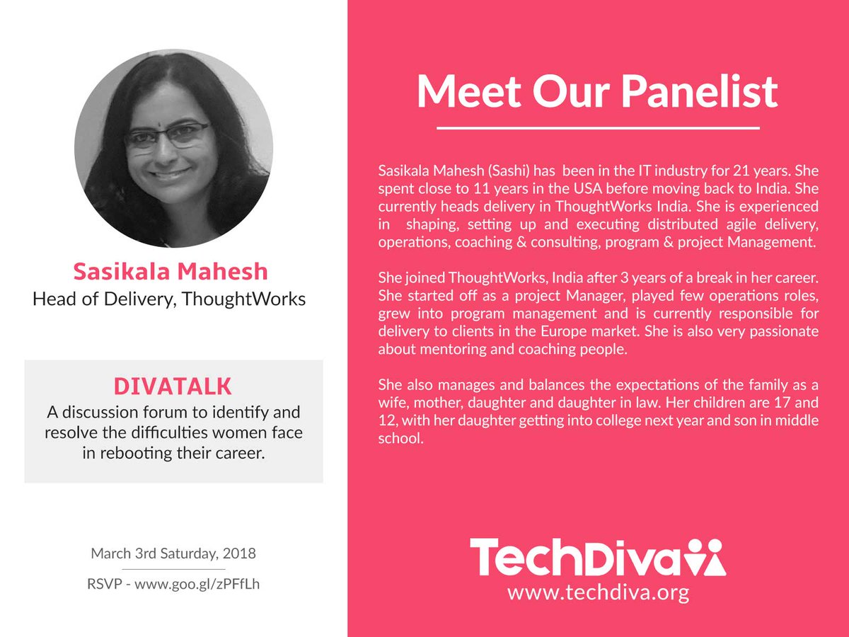 WeAreTechDiva's tweet image. We’d like to introduce Sasikala Mahesh our next panelist for our upcoming DivaTalk event, a discussion forum held by TechDiva to help women reboot their careers. Registrations are still open at  goo.gl/zPFfLh #DivaTalk #WeAreTechDiva