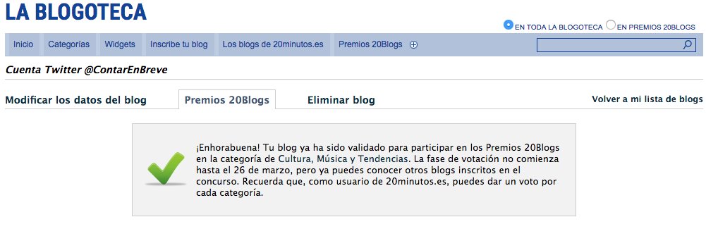 ContarEnBreve's tweet photo. Bueno pues ya estamos participando en La XII Edición de los Premios .@Premios20Blogs A ver qué pasa #concursos #premiso #blogger #blogs .@20m 🤞🤞 https://t.co/ncjijjafCL