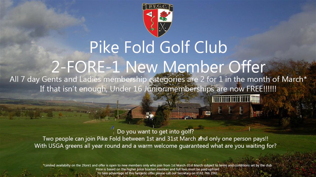 ⛳️⛳️Unbelievable offer!!! From today 2 people can join Pike Fold for the price of 1 (Limited availability and T’s and C’s apply)...not only that but Under 16 junior memberships are now free!!!! Call the club for more details #getintogolf #bequick ⛳️⛳️ Please RT