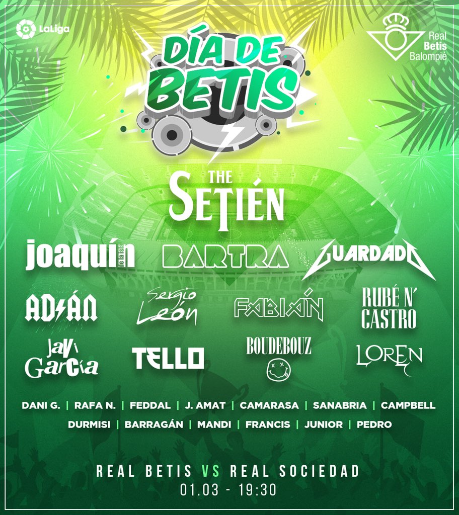 RealBetis's tweet photo. ¡Ya tenemos confirmada la presencia de todos los artistas para el festival de esta noche! 🎤🎸💚 

¡Hoy es #DíaDeBetis y queremos vibrar con unas actuaciones portentosas en el Villamarín! 😊🏟

#RealBetisRealSociedad https://t.co/bjpqPdETuU