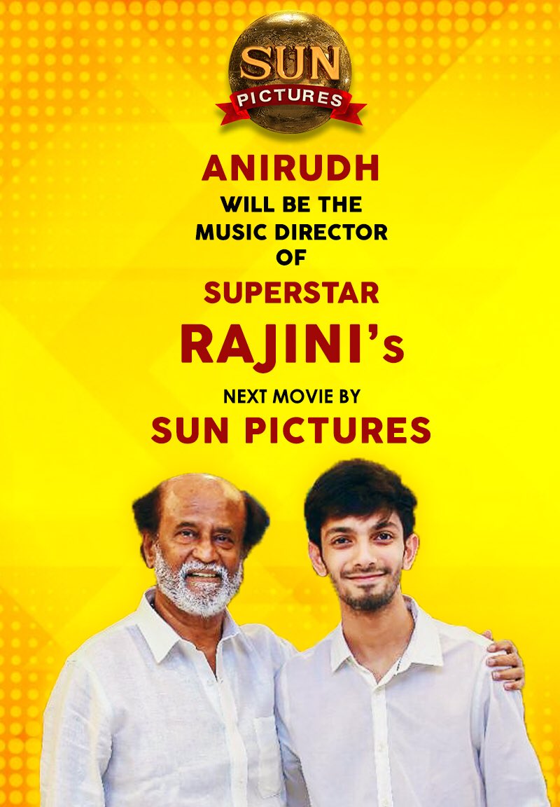 sunpictures's tweet photo. We are happy to announce that for the first time, @anirudhofficial will be composing the music for @superstarrajini’s movie, produced by @SunPictures.
#SuperstarwithSunPictures https://t.co/XEUQScF7NX