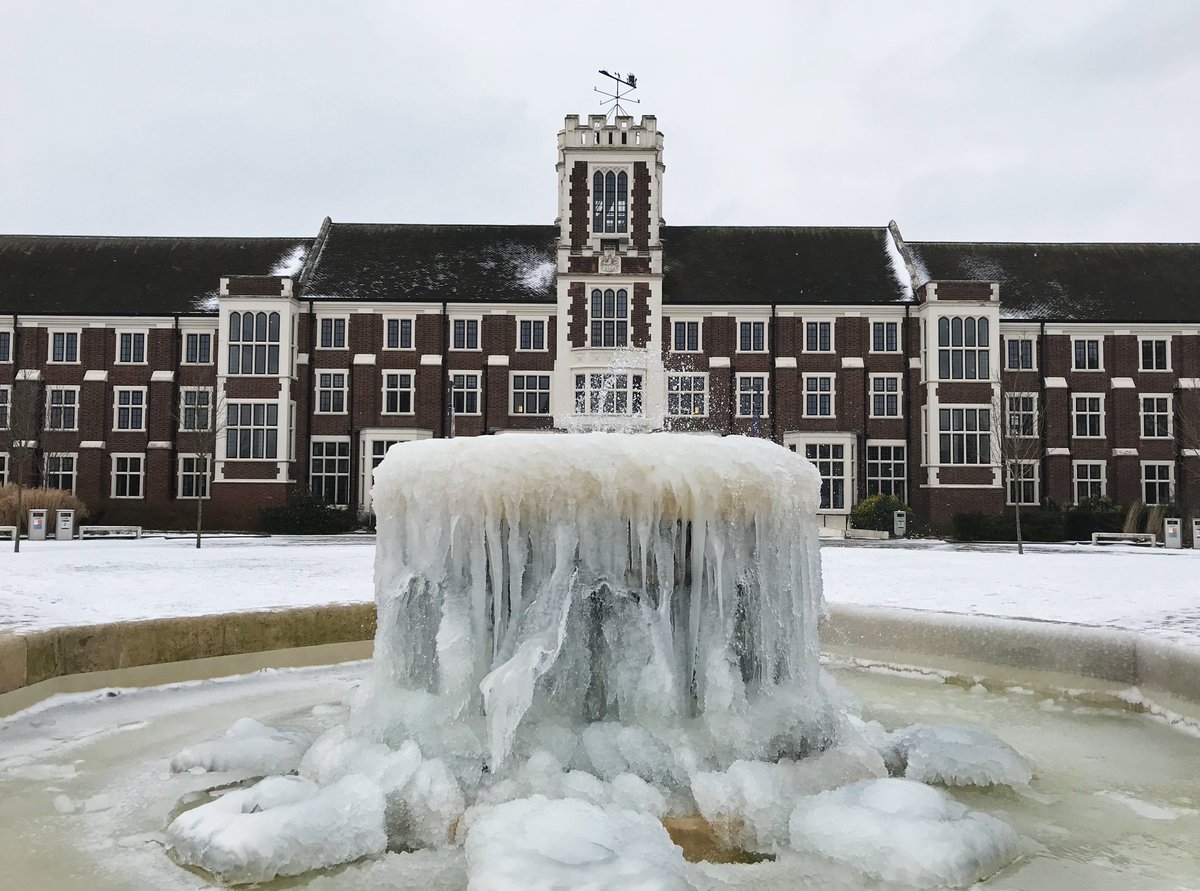 lborouniversity's tweet photo. You know it's cold when there are icicles on the fountain 😮 Take care when travelling to and around campus today ❄️ #StormEmma #snow #uksnow https://t.co/r2EwZSOpWj