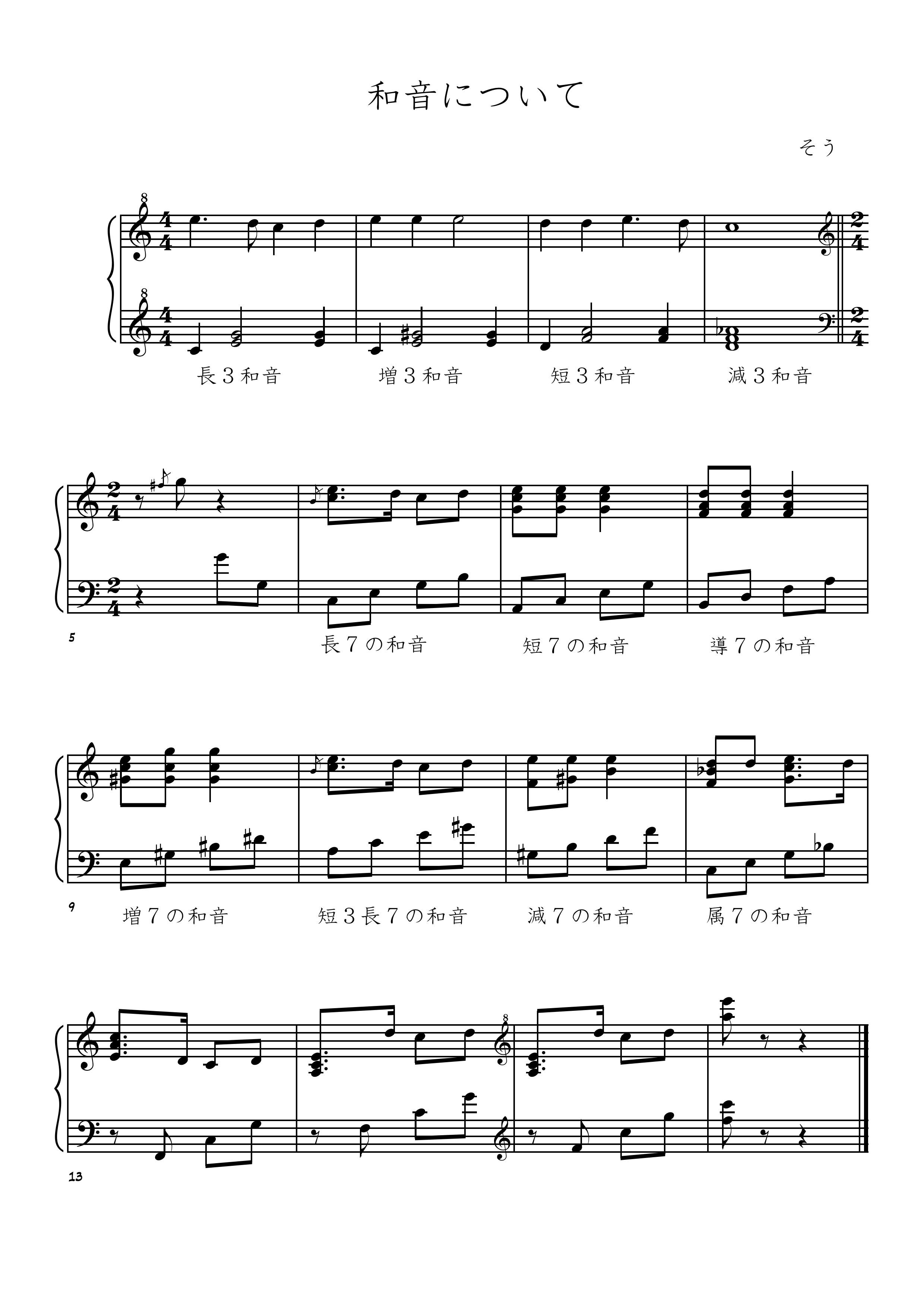 そう 楽典とかで 和音の話をするときに 長３和音 増３和音 短３和音 減３和音 長７の和音 短７の和音 導７の和音 増７の和音 短３長７の和音 減７の和音 属７の和音が 密集配置の基本形で １回ずつ左手に出てくるような曲があったらいいな と