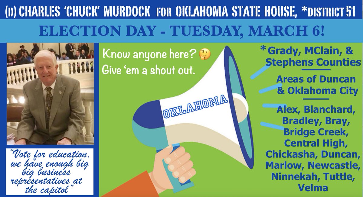 SallyDeal4's tweet photo. #OKLAHOMA, #SpecialElection
Charles "Chuck" Murdock - #HD51 

#FlipItBlue #AtTheStateHouseToo #OKleg 
❗️EARLY VOTING @ your Elections Office❗️
March 1-2, 8AM-6PM
March 3, 9AM-2PM

✅March 6, 7AM-7PM, FIND YOUR POLLING SITE https://t.co/8z0Af3eJVP

✅ https://t.co/5s4CEj4PaX https://t.co/henwUmHs9P