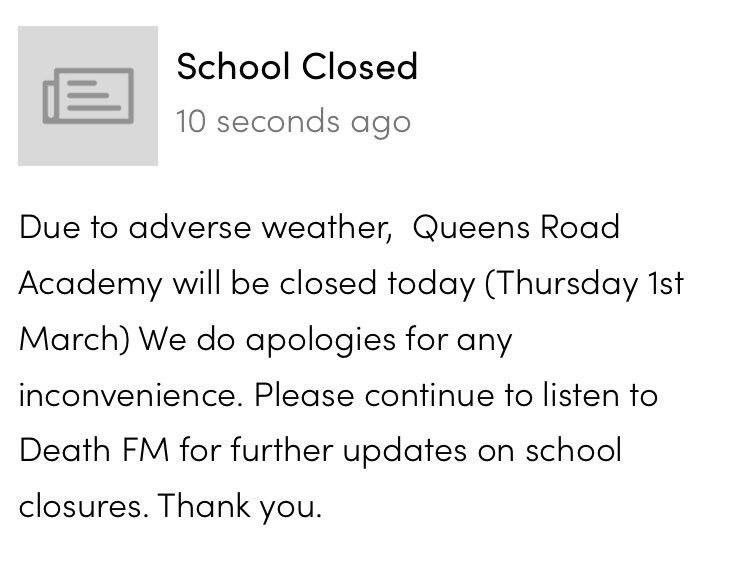 DearneFM's tweet image. While the school closure emails were coming in, we've smiled at this message sent to parents from @QueensRdAcademy - the autocorrect for Dearne is apparently Death! #autocorrectfail