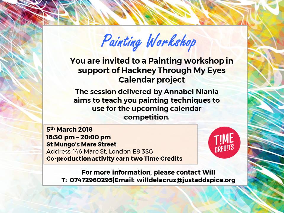 CityHackneyTC's tweet photo. Don't forget to join the 5th March painting workshop with #Hackneytimecredits and #StMungos https://t.co/Qu2eevBHLj