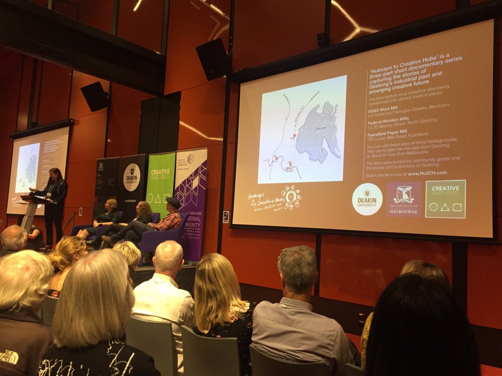 colwar's tweet photo. Enjoying the world premiere of the videos created out of the ‘Hubcaps 2 Creative Hubs’ #crowdfunded @Pozible project. #rmyw @Deakin #hc2ch A great way to tell a #research #story https://t.co/BQ6CcFX6TE https://t.co/JylEoAJTgs