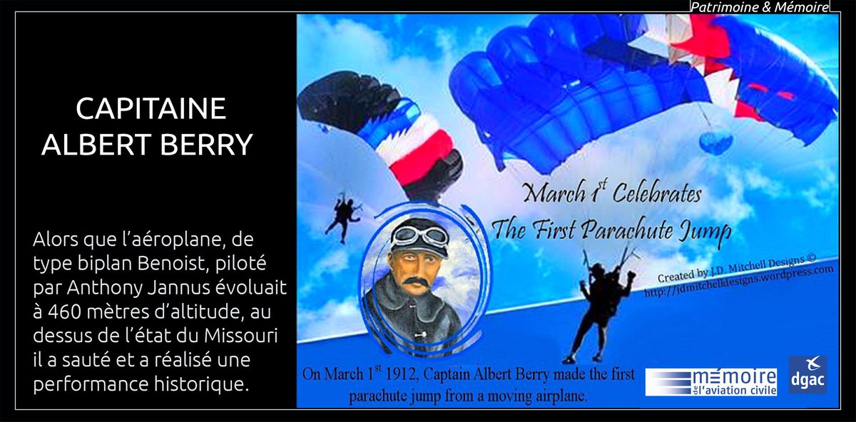 DroneHebdo's tweet photo. RT @DGAC: #OnThisDay, le 1er mars 1912, le capitaine Berry réalisa le 1er saut en #parachute d’un aéroplane. Un #exploit! Infographie by J.D. Mitchell Designs https://t.co/ZxK1aLYVg8