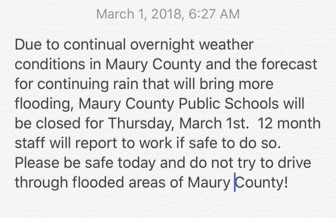cjmarczak's tweet photo. Breaking news; @MauryCoSchools will be closed today.  We have consulted with the Sheriff and the Office of Emergency Management and flooding has risen overnight.  Please be safe when out driving! https://t.co/mVSaofgzwI