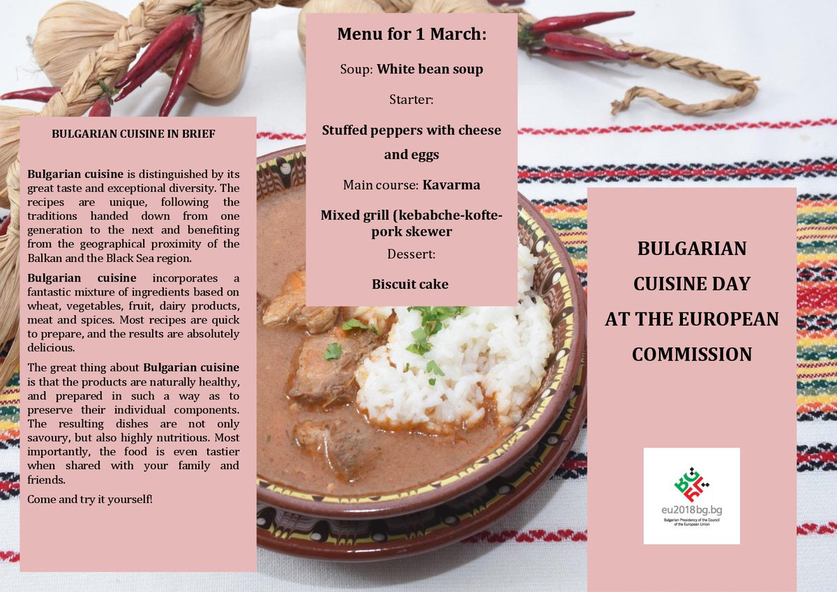 BGPermRepEU's tweet photo. 🍲 Come and join us #today for the Day of the Bulgarian #Cuisine in the @EU_Commission‘s #Berl #Char and #BU5 buildings.
 
🥗 Find the menu and the recipes ✏️ for these dishes 🥘 from the Bulgarian traditional  #cookery https://t.co/c3JbXkGawH