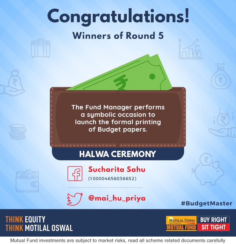 MotilalOswalAMC's tweet photo. Hello, folks! Hearty congratulations to the winners of Round 5!
Winners are requested to DM their Name and Email ID.
#ContestAlert #BudgetMaster @mai_hu_priya https://t.co/3CH7XHf1EH
