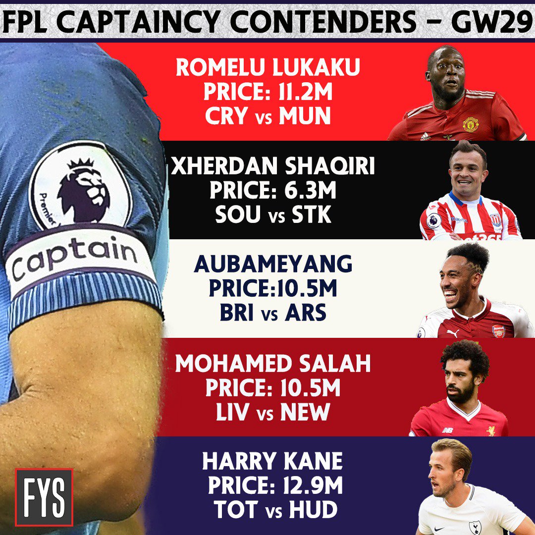 FollowYourFPL's tweet photo. As we head into the business end of the Premier League season, here are our top captaincy contenders for Gameweek 29.
#FollowYourFPL https://t.co/y2NMDmXkoA