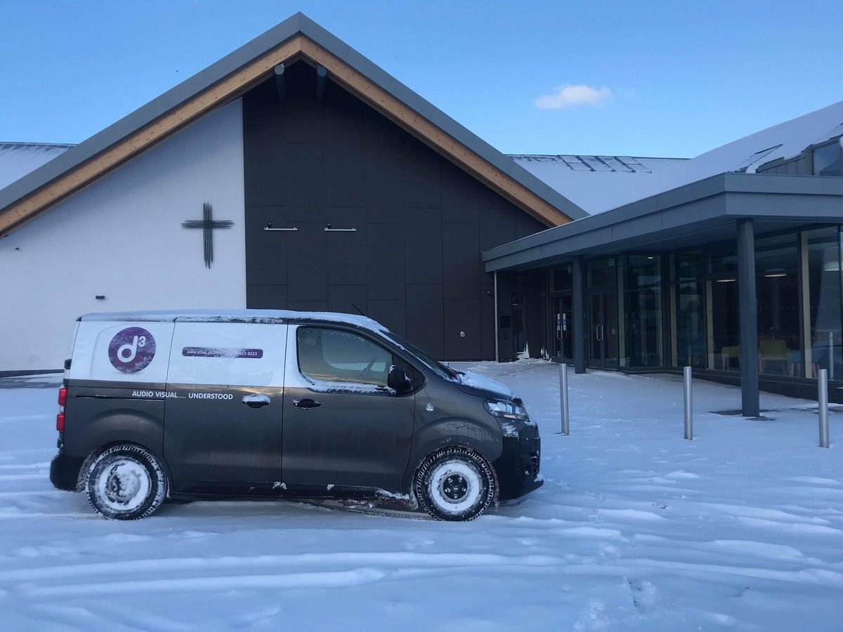 D3ChurchAV's tweet photo. Nothing stops the D3 AV Machine! Even through the snow we have made it this morning to complete the finishing touches at Dumfries Baptist https://t.co/yA2n6XR6ro