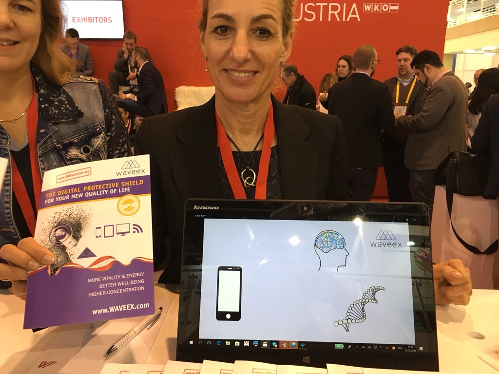 TTCwire's tweet photo. Lovely girls from #WAVEEX showed us their digital protection shield from radiation produced by our mobiles, routers, #wifi. Even got a small sticker placed on  my mobile. #mhealth literally.  @DaleenTotten
@waveexworld
@natmedworld #mwc18 https://t.co/D0ofKSNtG2