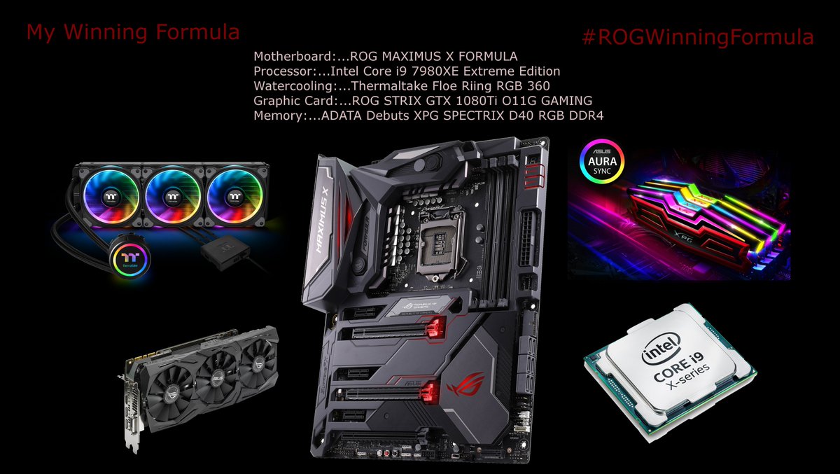 dfxfactory's tweet photo. #ROGWinningFormula ma formule rêvée ⤵️
CM:...ROG MAXIMUS X FORMULA
Proc:...Intel Core i9 7980XE Extreme Edition
Watercooling:...Thermaltake Floe Riing RGB 360
CG:...ROG STRIX GTX 1080Ti O11G GAMING
RAM:...ADATA Debuts XPG SPECTRIX D40 RGB DDR4
@ASUS_ROG_FR @ASUS_ROG https://t.co/lM0VsRw7EI
