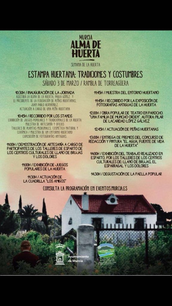 🔵 Este Sábado 3 de Marzo en #Torreagüera, no te lo pierdas, Estampa huertana, dentro de la Semana de la huerta organizada por el <a href="/AytoMurcia/">Ayuntamiento de Murcia</a> <a href="/corchon/">osvaldo arce</a> <a href="/torreaguera/">Torreagüera</a> , Seguimos!!!