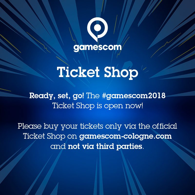 gamescom's tweet photo. #Kickoff! The #gamescom2018 Ticket Shop is now OPEN! Get your limited early bird ticket for the anniversary gamescom now! 
Click here to visit the Ticket Shop: https://t.co/4w07bU6pKH https://t.co/sQA6aZDGUf