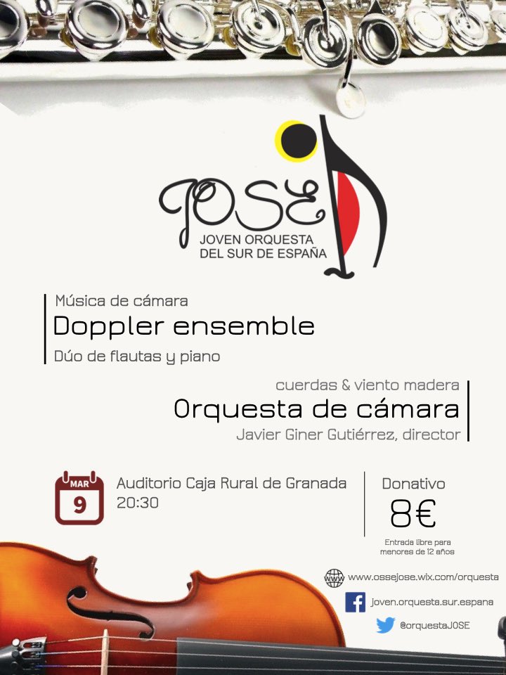 OrquestaJOSE's tweet photo. El próximo viernes 9 de marzo, a las 20:30, en el Auditorio de @Cajaruralgr, el #DopplerEnsemble y las secciones de #cuerda y #vientomadera de la @OrquestaJOSE ofrecen un #concierto de #músicadecámara. Los #niños menores de 12 años entran gratis!! Estáis todos invitados!! https://t.co/sFG5aeZgH9