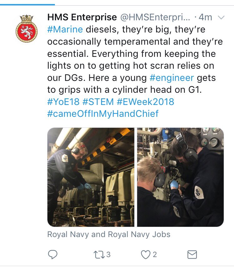 Screenshot of an HMS Enterprise Tweet showing their engineers working on their Diesel engines.
