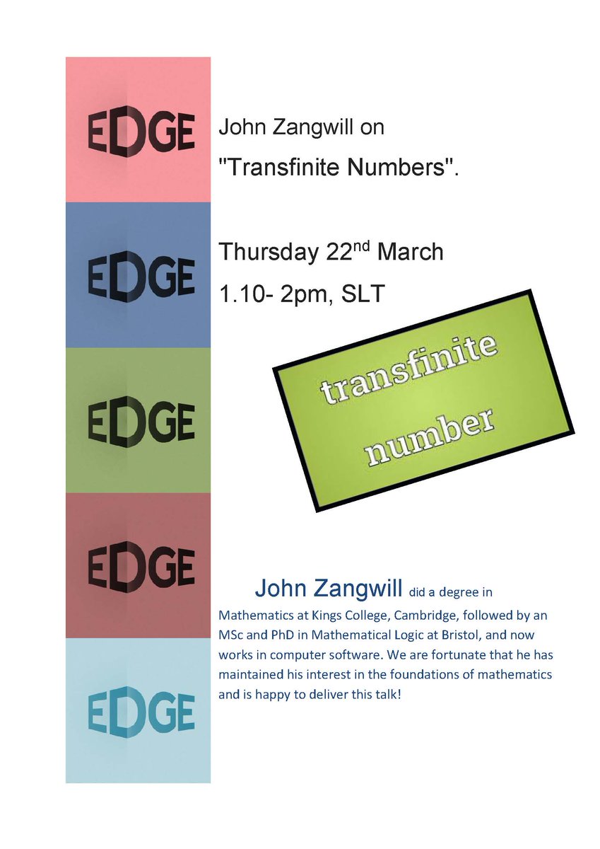 We're pleased to welcome Dr. Zangwill who will be discussing 'Transfinite Numbers' in his #EDGE series <a href="/UCSSixthform/">UCSSixthform</a> talk on Thursday 22nd March, lunchtime in the Science Lecture Theatre. Don't miss it! <a href="/UCSmaths/">UCSmaths</a> <a href="/UCSCompSci/">UCS Computer Science</a>