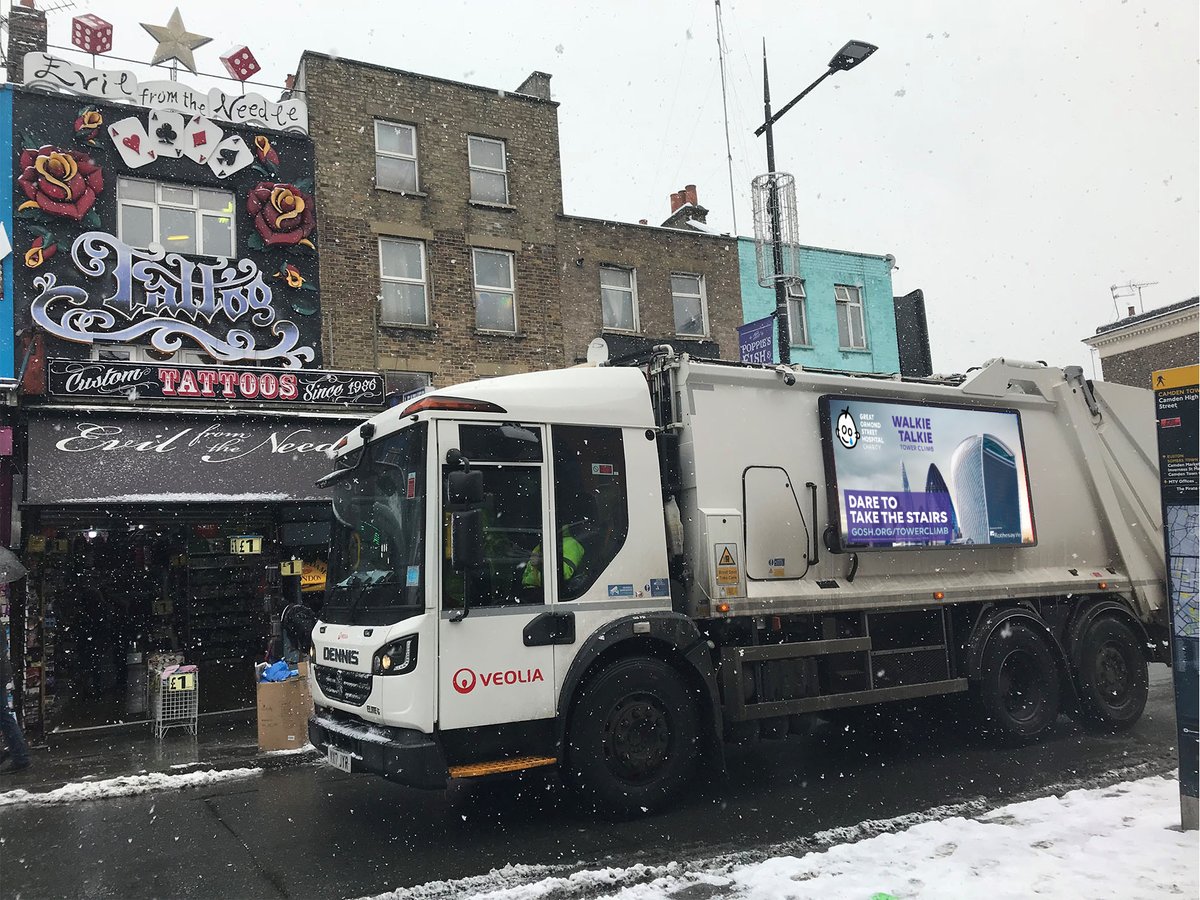 13DigitalOOH's tweet photo. We've never known a #firstdayofspring like this before! 🙈 Big thanks to @VeoliaUK @Estelle_Veolia vehicles for toughing it out in the #uksnow and enabling us to support a great cause for @GreatOrmondSt! When is #StormEmma going to end?! #Camden #London #13digital https://t.co/n0o1T2qkwa