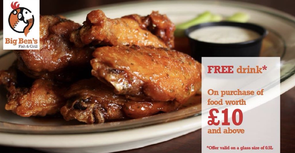 BigBensFG's tweet photo. Grab a FREE drink on all orders over £10, from our flame grilled peri peri chicken, smokey BBQ ribs or our traditional FnC! 🐟🍔🔥 #FREE #FishandChips #BestOfBritish https://t.co/cOPMl4XV9J