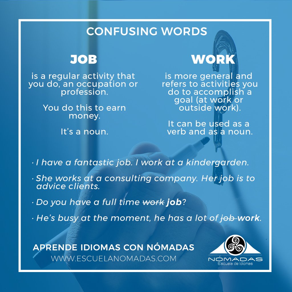NomadasViajes's tweet photo. #ConfusingWords JOB vs WORK ⁉️ 🇬🇧
Síguenos en instagram!
Aprende inglés con #Nomadas Escuela de #idiomas - #NomadasTips
https://t.co/uNokcJBqHB
#inglesConNomadas #vocabulary #flashcard #english #ingles #learn #cambridge #languages #pet #first #AlcazarDeSanJuan #EsAlcazar https://t.co/8lreqK6i5Z