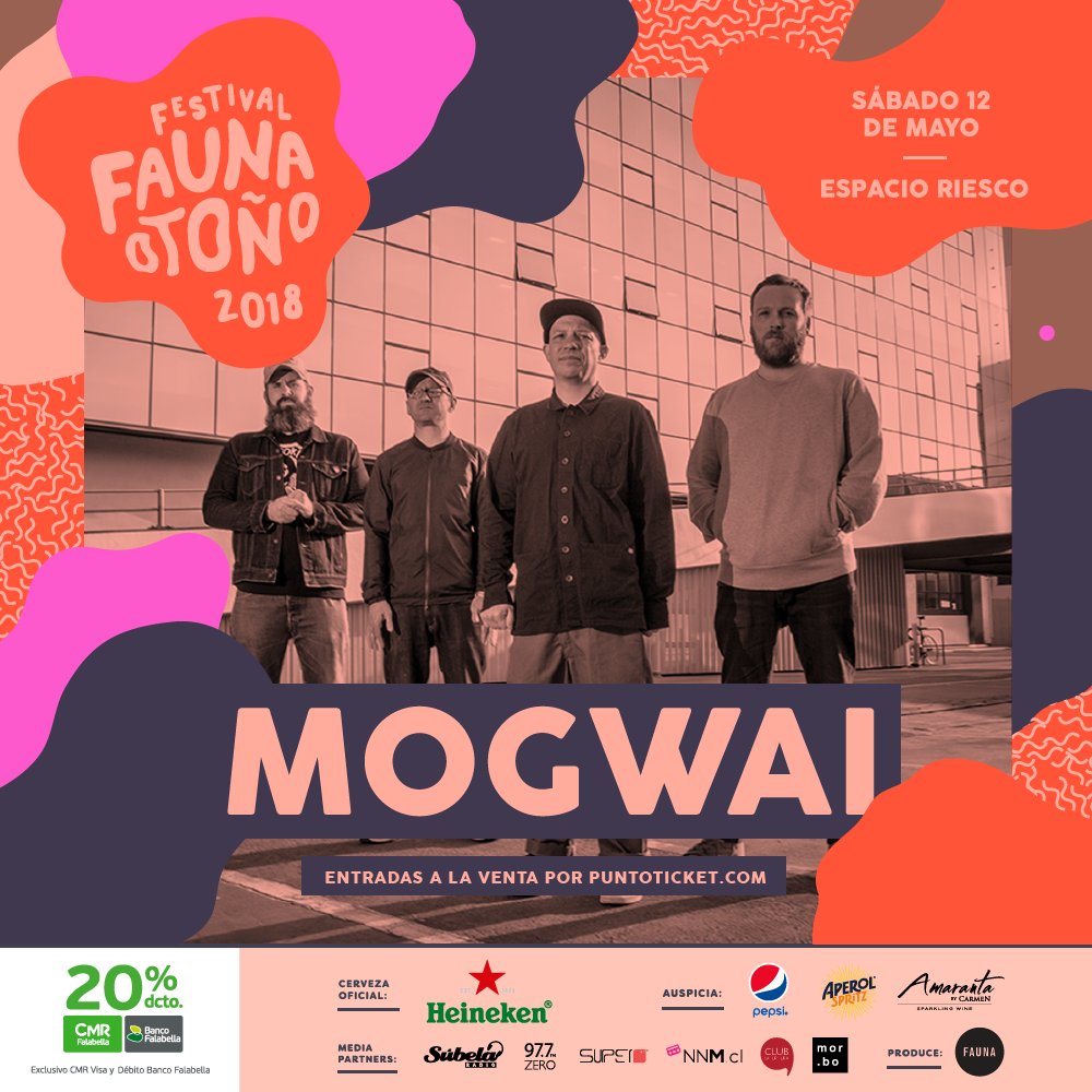 FaunaPrimavera's tweet photo. 👊🏾 Se comienza a armar #FaunaOtoño 2018 👊🏾
💥 1er confirmado: ¡¡¡@mogwaiband!!! 💥
➡️ Sábado 12 de mayo en Espacio Riesco ⬅️
>>> PREVENTA ESPECIAL desde AHORA A LAS 10 AM hasta el 5 de marzo para los asistentes a Fauna Otoño 2017 <<< https://t.co/qep8KdQWCa https://t.co/Zb01TGJlNI