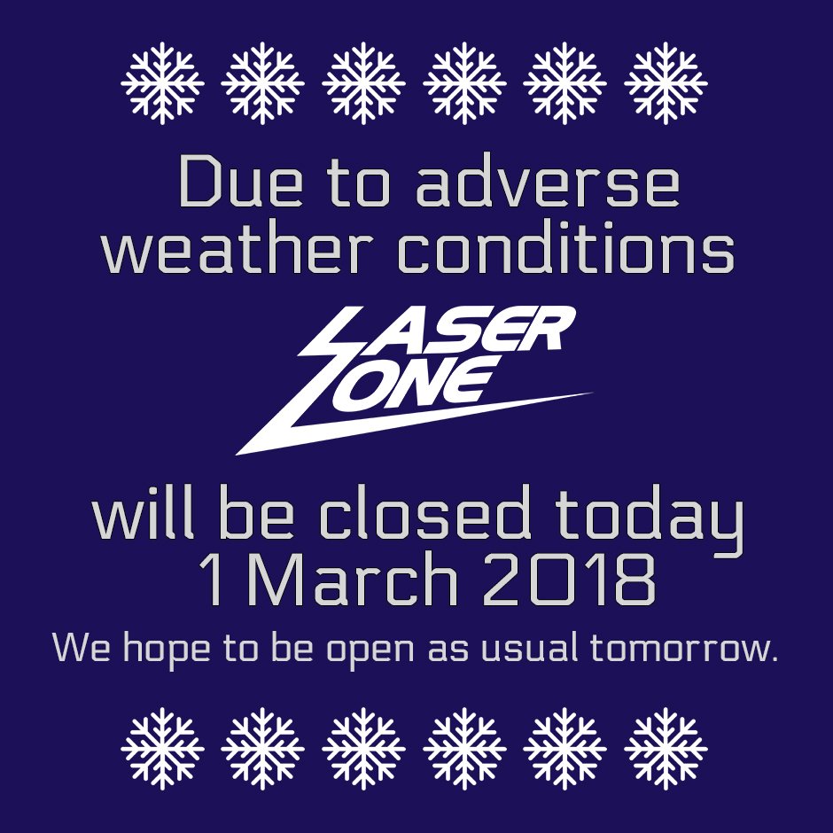 LaserZoneLDS's tweet photo. Sno-cial media update: 
We will remain closed today due to the adverse weather.
Have a Zaptastic snow day! https://t.co/jxDwm5WUcp