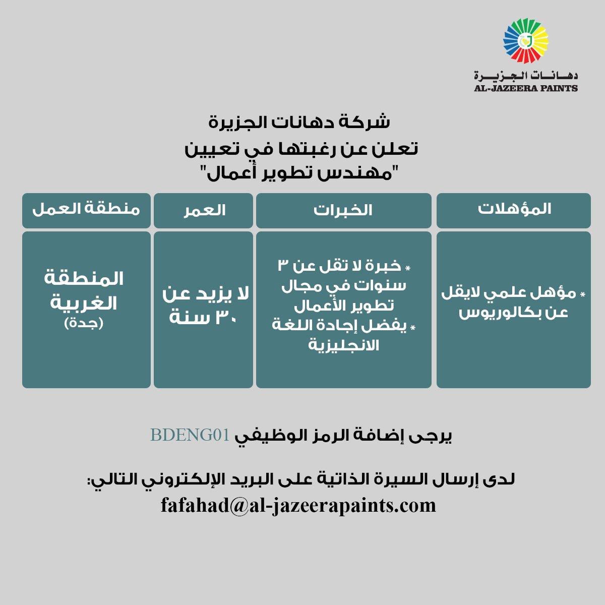 إنضم إلينا الآن..
للعمل مع فريق #دهانات_الجزيرة بوظيفة #مهندس تطوير أعمال  .

#وظائف_شاغرة #وظائف #وظيفة #جدة