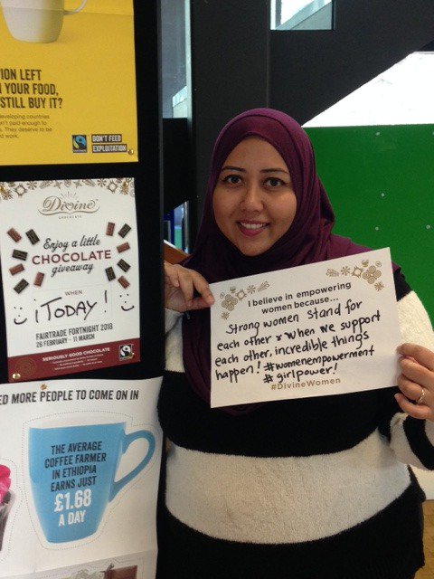 HRIunishef's tweet photo. @divinechocolate - thank you sooo much for the delicious samples you sent us for Fairtrade Fortnight. Here's one of our #DivineWomen saying why she believes in empowering women.. https://t.co/premoyGTH9