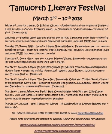#romance #crime #ThrillerNovels #poetry #storytelling #ChildrensBooks #history #comedy #music #steampunk #fantasy and more at @TamworthLitFest Friday 2nd -Saturday 10th March. Meet #authors plus #booksignings #tamworth @TTownSpotted @TamworthH @TArtsandEvents  @StaffsArts