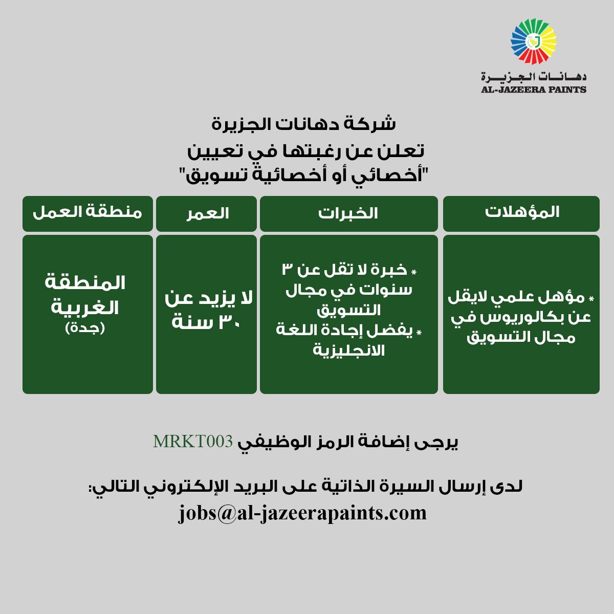 إنضم/ ي إلينا الآن..
للعمل مع فريق #دهانات_الجزيرة بوظيفة أخصائي أو أخصائية #تسويق  .

#وظائف_شاغرة #وظائف #وظيفة #جدة