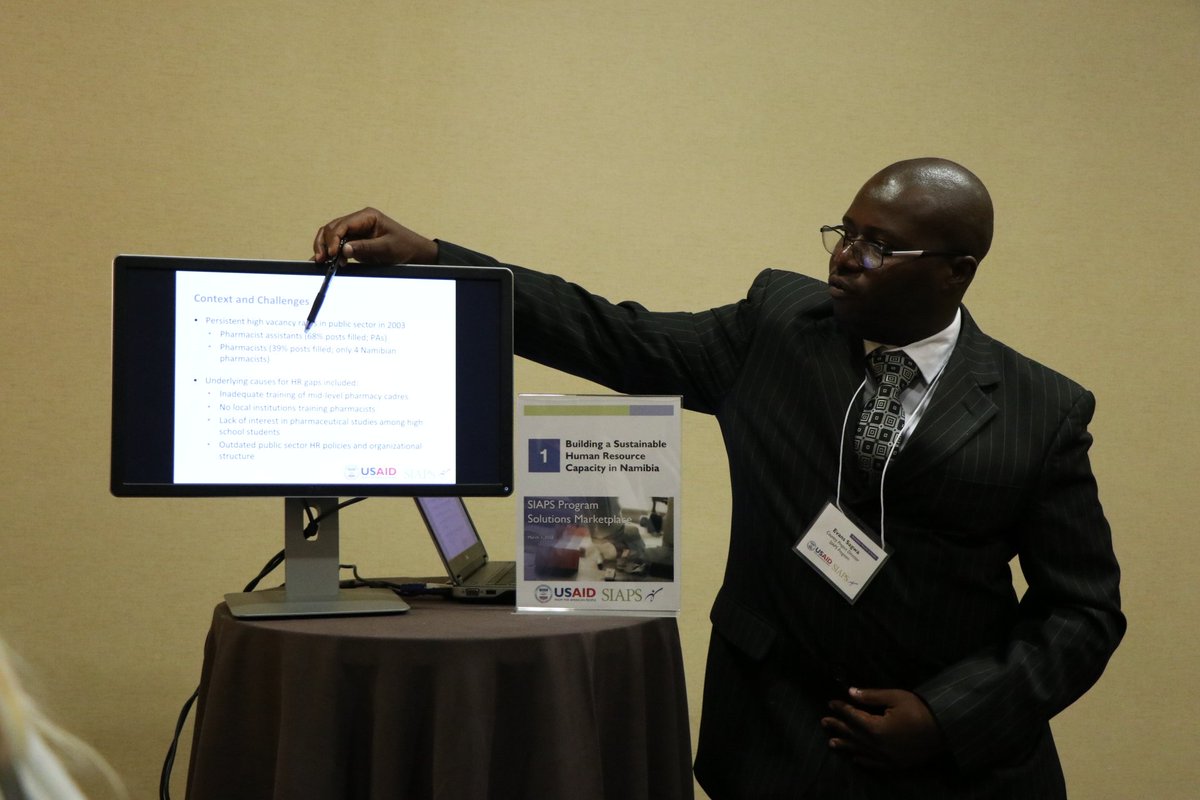 MTaPS_Program's tweet image. .@siaps_namibia Evans Sagwa presents the different strategies for HR capacity building in the #pharma sector in #Namibia. Learn more about our work here: siapsprogram.org/wherewework/na… #SIAPSImpact
