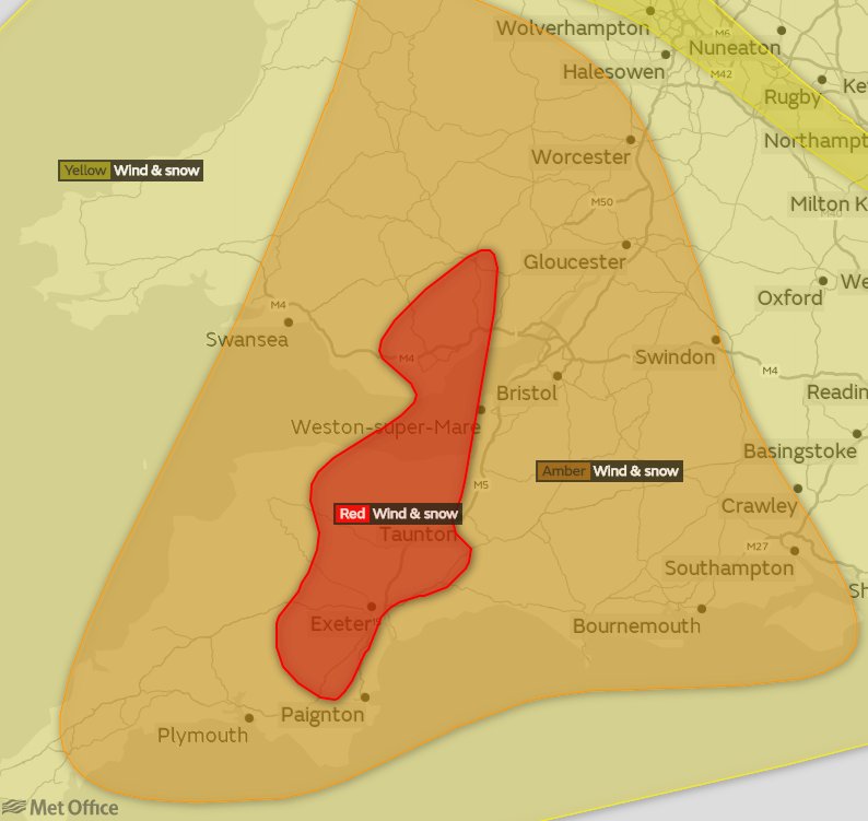 DuxbackUK's tweet photo. For those of you looking to travel in and around the South West of the country over the coming 24 hours... our recommendation is that you don't.

If you have to...be safe and warm and maybe pack a few extra rugs and some sandwiches.

Met warnings here - https://t.co/m7X9Ayw00V… https://t.co/QM2R7jEES4