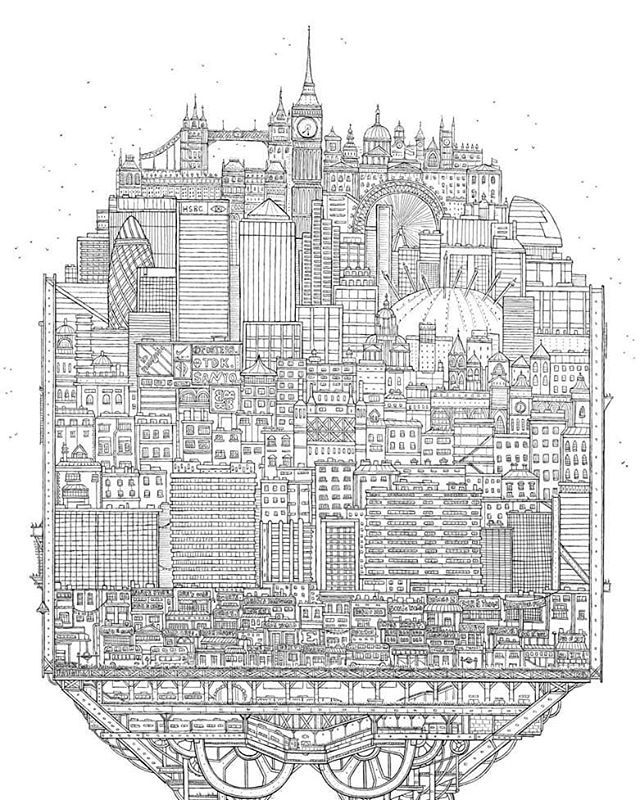 mrtommead's tweet photo. A ten year old drawing I came across! Purposely cutting off some of it... Did a series of flat cities a while back, and this was one of #london #flatcities https://t.co/m7kxlp49qp https://t.co/BLYtl1aA9Y