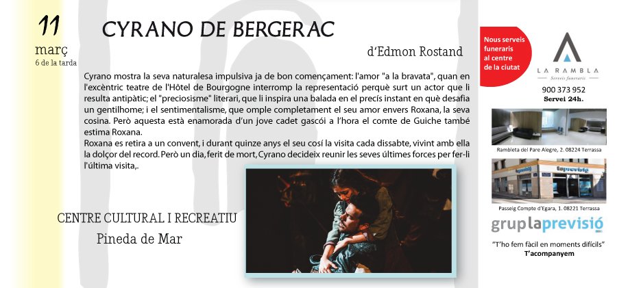 casalstpere's tweet photo. #CentreCulturaliRecratiu @pinedademar  a  la #SalaCrespi 
🎭 Cyrano de Bergerac 
🗓️11/ 03 / 2018 
🕕a les 6 de la tarda 
#PCTT2018 #Terrassa #Teatre https://t.co/HO4K6vzORT