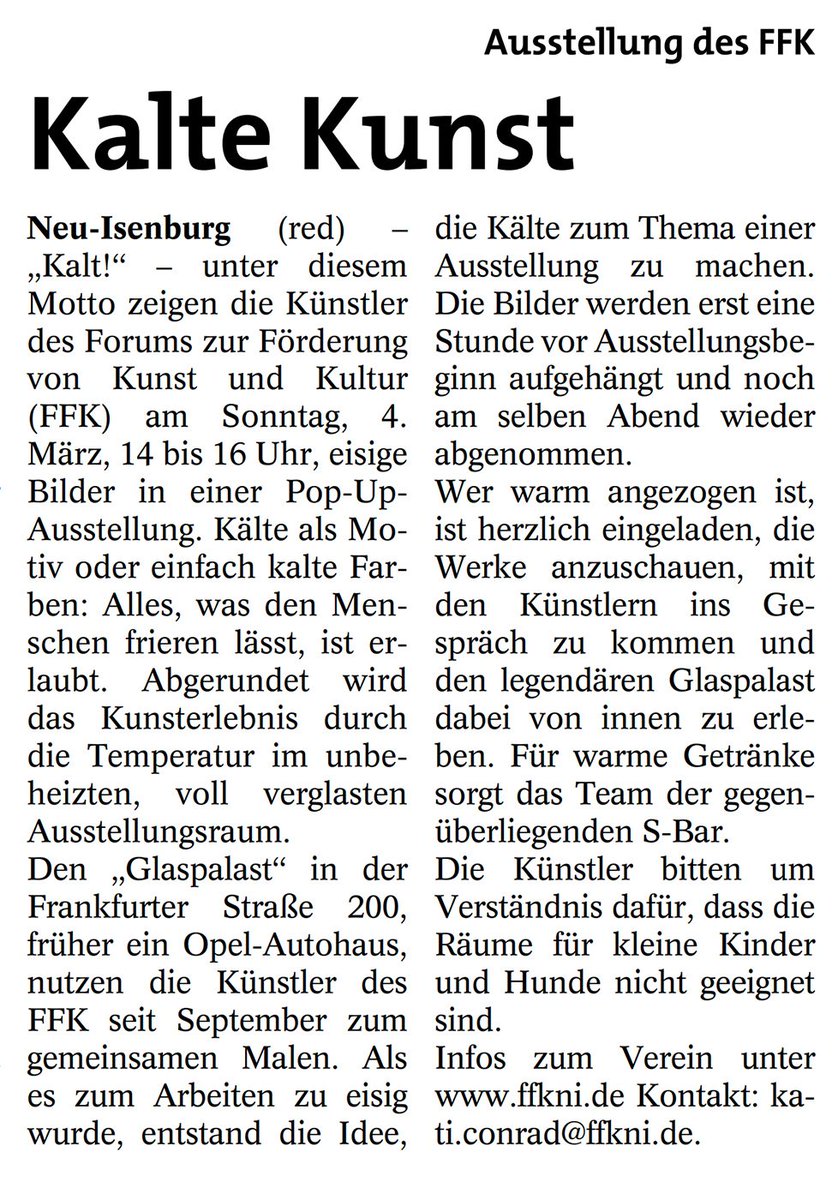 ffkni's tweet photo. Heute in der StadtPost! Schaut Euch die Eisgste Ausstellung am Sonntag an. #ffkni #neuisenburg #kalt #kunstraum #glaspalast https://t.co/jkuab5o5u4