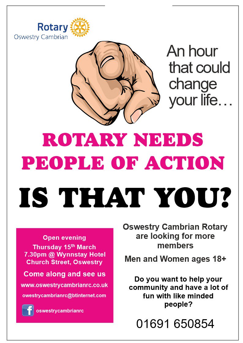 Oswestry Cambrian Rotary are looking for "People of Action" to join their growing and thriving club. Take a look at the attached poster