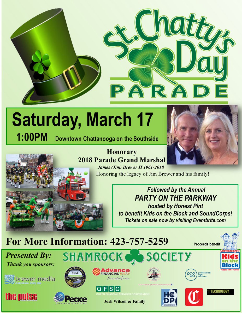 st_chatty's tweet photo. Happy March!!! Just a few weeks away from turning Chattanooga Green... you still have time to sign up, sponsor or volunteer for the 5th Annual St. Chatty's Day parade and Party on the Parkway! https://t.co/t0Rnqr4YuS