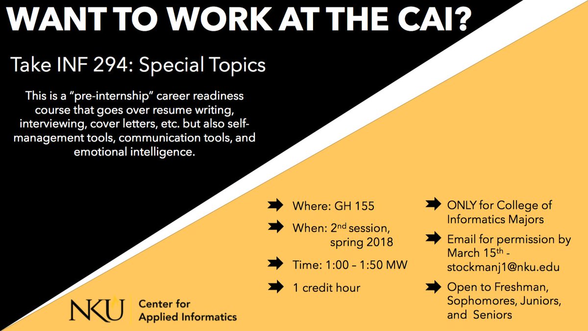 Have you always wanted to work at the <a href="/NKU_CAI/">CAI</a>? Sign up for this course so you are career ready! Act fast because you only have until March 15th to register!