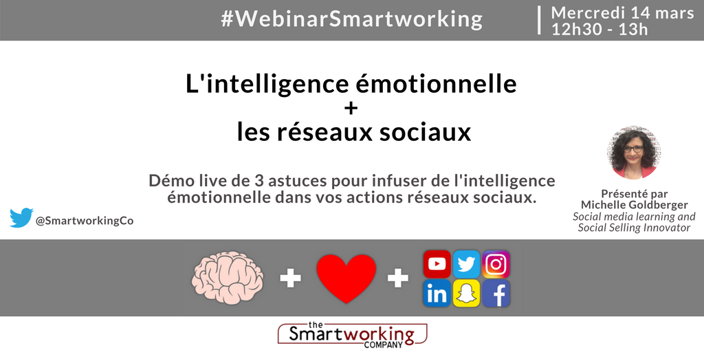 SmartworkingCo's tweet photo. Comment infuser de l'intelligence émotionnelle dans vos actions réseaux sociaux ? Commerciaux, #RH, #Marketing, Communication, #RelationClientDigitale... obtenez des réponses le 14 mars lors du #WebinarSmartworking ! https://t.co/lYveuoscNp https://t.co/VGyWoY6c4V
