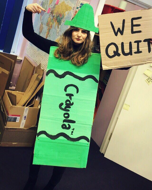 MissStobbsWPS's tweet photo. World Book Day fun! We enjoyed storming assembly to protest our unfair conditions. #TheDaytheCrayonsQuit @OliverJeffers @DrewDaywalt https://t.co/ooOzLhybQf