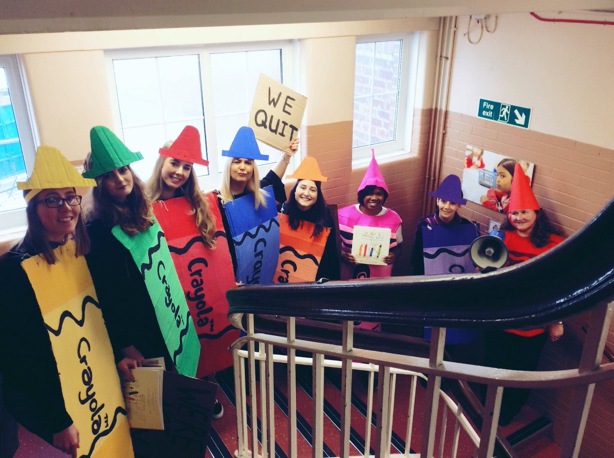 MissStobbsWPS's tweet photo. World Book Day fun! We enjoyed storming assembly to protest our unfair conditions. #TheDaytheCrayonsQuit @OliverJeffers @DrewDaywalt https://t.co/ooOzLhybQf