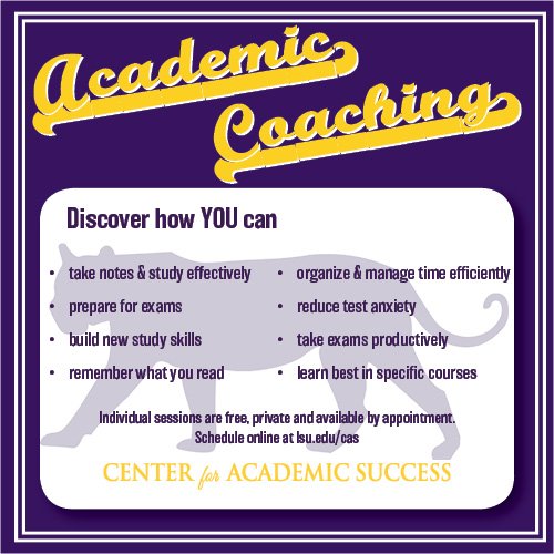 LSU_CAS's tweet photo. Discover how academic coaching can help you! Schedule online for a free, private appointment at https://t.co/XetvXoSJMj. #academiccoaching #LSUCAS #prepforclass #takeexamsproductively #timemanagement #buildstudyskills https://t.co/4JHN8BhekH
