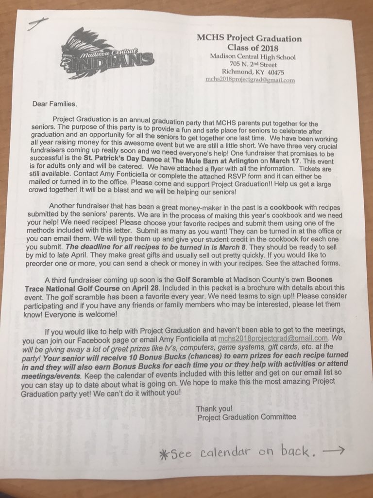 MCHS2018OFF's tweet photo. If you did not already go to the lecture lab to pick up an informational packet about Project Grad, you can get one in the front office! https://t.co/ozg43xh2UH